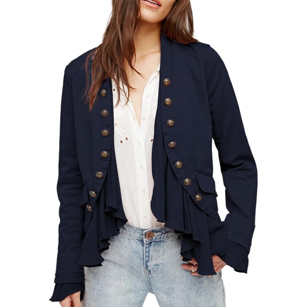 Women’s Navy Casual Ruffle Steampunk Blazer High Low Hem Cotton Jacket